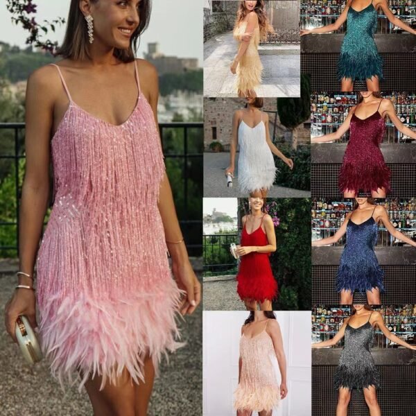 Elegant Feather & Sequin Mini Dress – Women's V-Neck Spaghetti Strap Party Dress